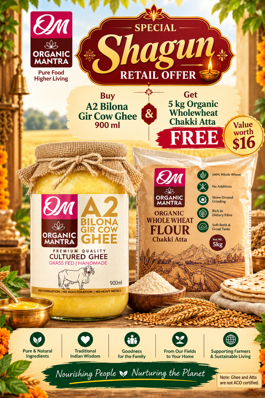 A2 Bilona Ghee 900 ml + FREE 5 kg Organic Chakki Atta